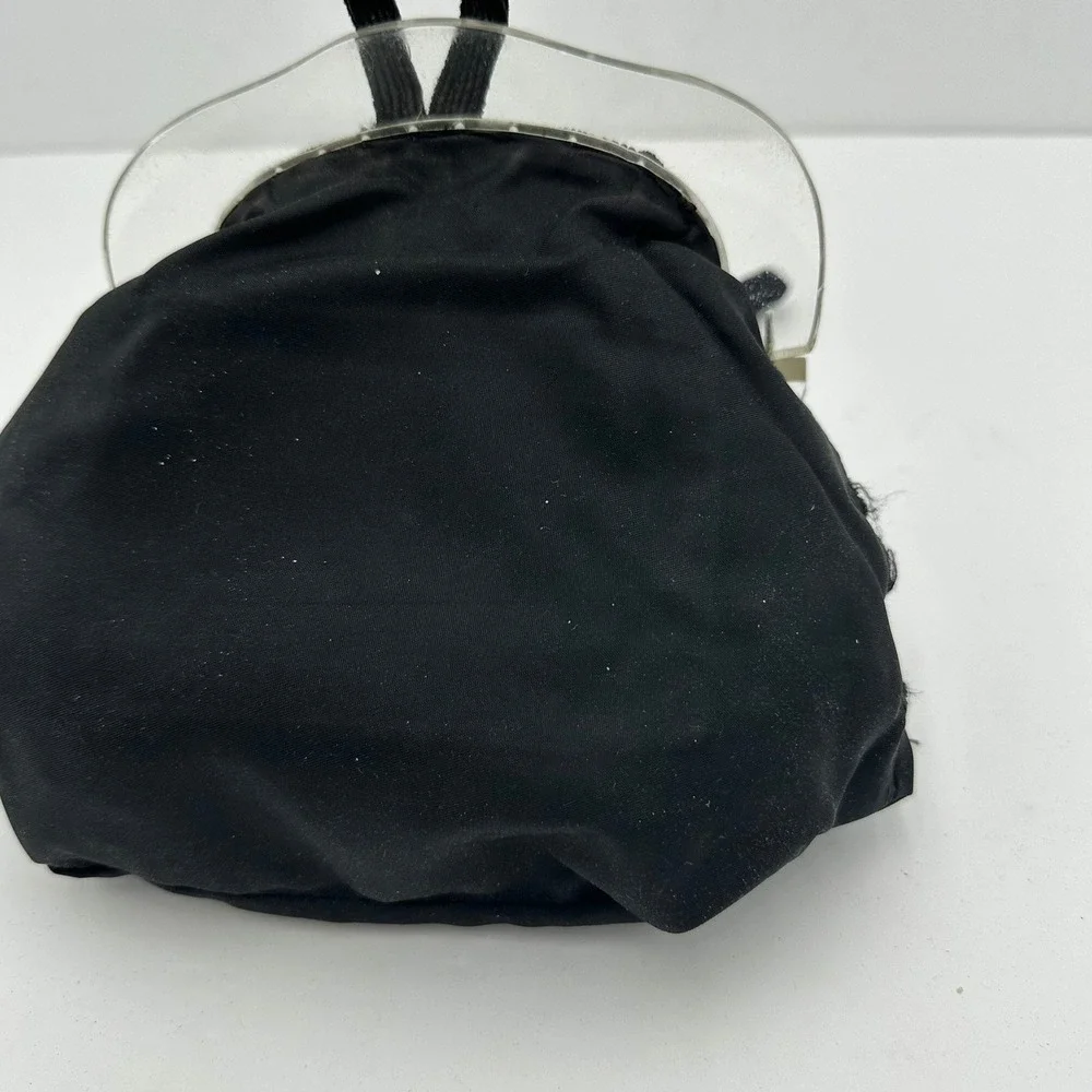 Vintage Black Corde Wristlet Handbag Clear Lucite Frame Triangle Stitch 50s MCM